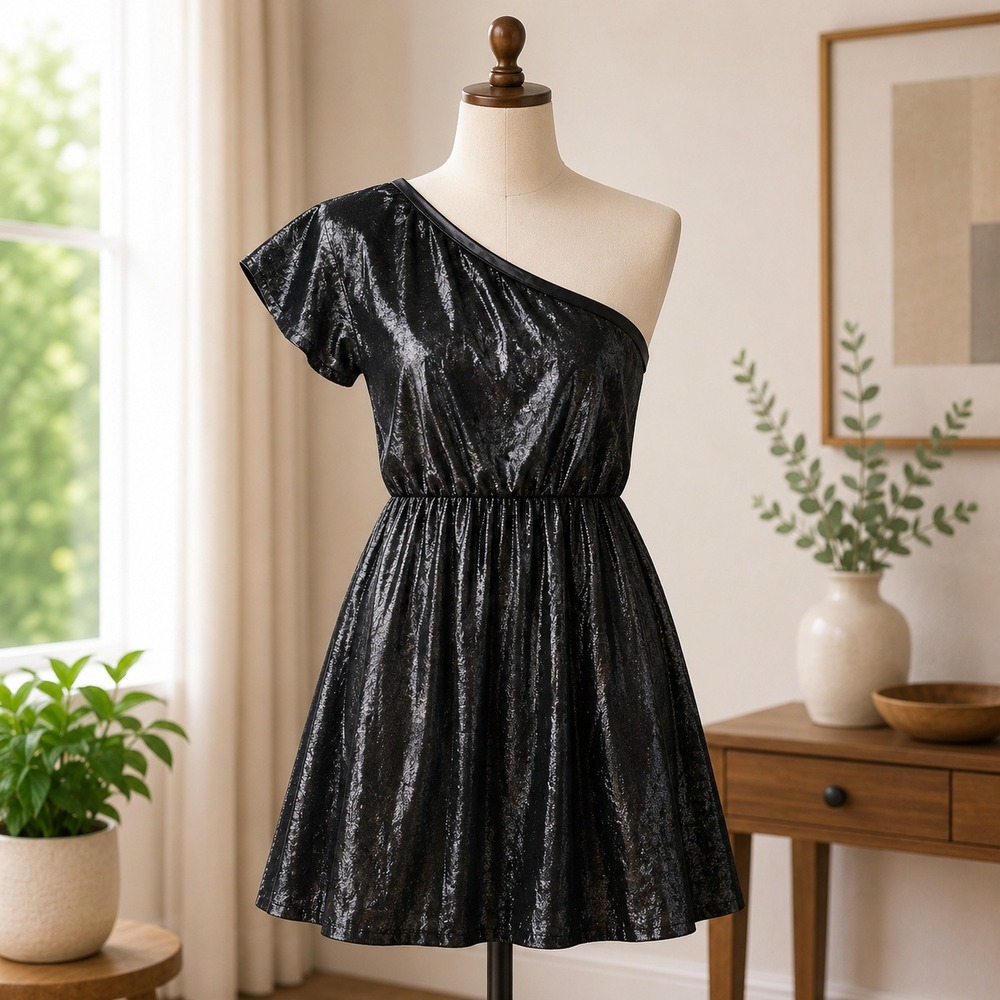 7 For All Mankind Mens Black Metallic One Shoulder Mini Dress Shimmer Large